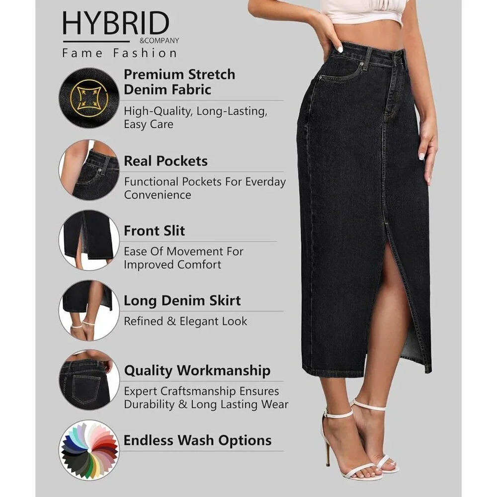 Women's Black Denim Skirt Stretch Jean Long Casual Office Wear